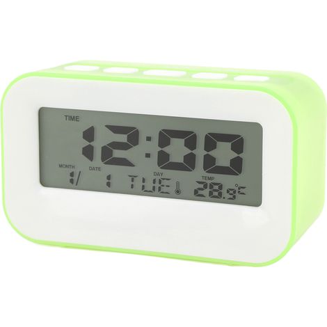 Réveil enfant LCD avec rétroéclairage, alarme musicale, fonction compte à rebours, rappel d'anniversaire et réveil numérique (vert). (1/5)