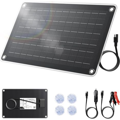 Panneau Solaire Portable 10W avec Sortie SAE + Adaptateurs Allume-Cigare et Pinces Batterie, Monocristallin 22.5% pour Moto Camping Caravane (1/5)