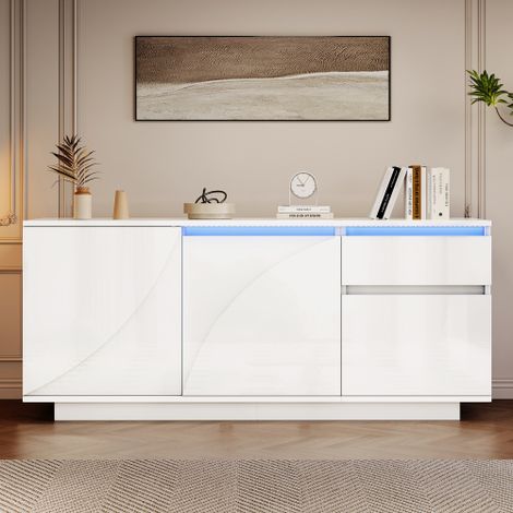 Buffet à trois compartiments avec tiroirs éclairés par LED – comprend un buffet à un tiroir, des étagères réglables et un meuble de rangement laqué brillant pour le salon (MDF). (1/4)
