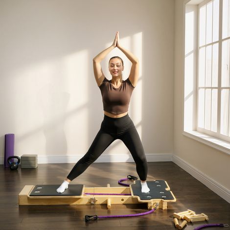 Appareil de Pilates multifonctionnel avec bandes de résistance, poignées et roue abdominale pour une utilisation à domicile ou en extérieur. (1/5)