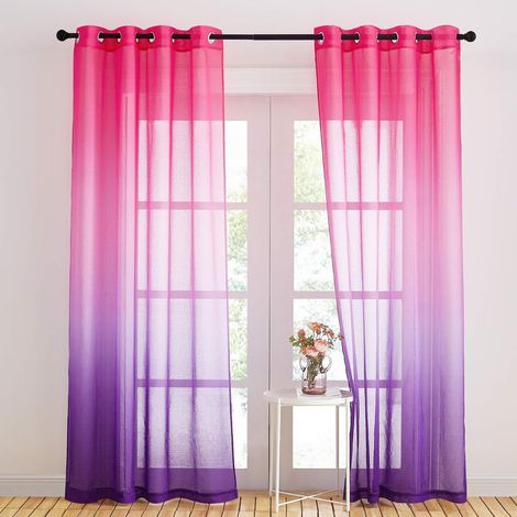Cortinas de lino con ojales en degradado para un ambiente romántico en la sala de estar, listas para colgar, 140 x 220 cm, fucsia/morado, juego de 2 (1/5)