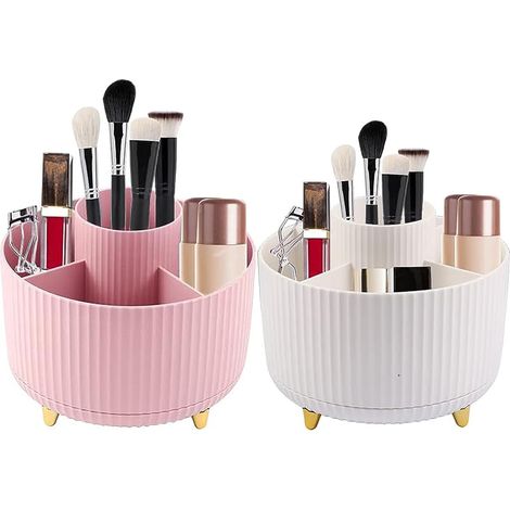 Lot de 2 organisateurs rotatifs 360°, 5 compartiments chacun, blanc et rose, pour bureau ou maquillage. (1/5)