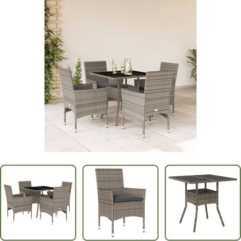 Table de jardin -  Ensemble à manger de jardin et coussins 5 pcs gris rotin verre (1/5)