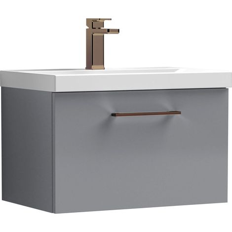 Balterley 600mm Wall Hung Bathroom 1 Drawer Vanity Unit and 1 Tap Hole Ceramic Basin, Satin Grey with Brushed Bronze Handle (1/5)
