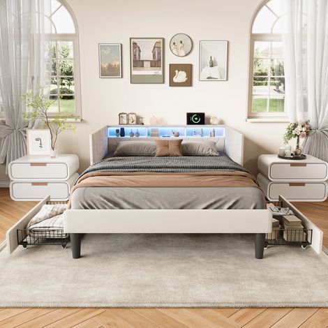 FOERPL-Divano letto 140 x 200 cm con 2 cassetti, telaio letto imbottito con LED e porte USB, letto singolo 140 x 200 con rete a doghe testiera con ripiani portaoggetti per bambini