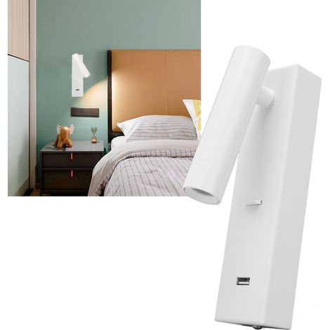 Applique murale minimaliste LED d'intérieur, lampe de lecture de bureau d'hôtel, applique murale avec interrupteur, sortie USB, lampe de chevet LED pour chambre à coucher, lumière chaude. (1/5)
