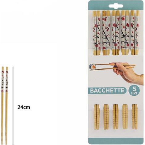 TrAdE Shop Traesio - Set 5 Coppie 10 Bacchette Legno Cinesi Giapponesi Posate Cucina 24cm Fiori 74189 -