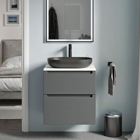 BERNSTEIN - Mobile lavabo sospeso MDF antracite opaco, piano lavabo bianco opaco, cassetti girevoli - 60x46x62cm - VIREO	Antracite opaco, Bianco opaco