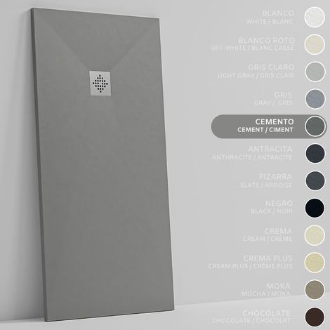 SOULHOME Duschwanne - Mineralguss & Gel Coat - Stein-Struktur - Rutschfest - Zementgrau - 90X75- Extraflach 3cm - Inklusive Ablassventil - Standard