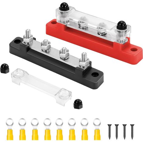 2Pcs Bornier 12V-48V DC Busbar150A, Bloc de Distribution D'alimentation avec 4 x M6 Boulons de Borne, avec 8 Borne de Connexion de Câblage, pour Voiture Camion Bateau (Rouge Noir) (1/5)