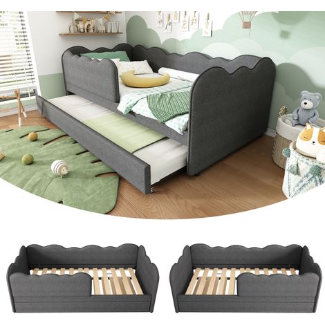 Bett Daybed modern 90x190 cm mit Ausziehbett, Leinenbezug Grau, wolkenförmiges Kopfteil, Lattenrost inklusive (1/5)