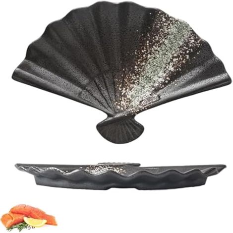 Assiette à sushi en céramique en forme de secteur, style japonais, polyvalente, en porcelaine pour sushis, raviolis, barbecue, vaisselle de qualité restaurant (noir A) (1/5)