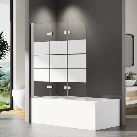 120x140 cm Duschwand für Badewanne Badewannenaufsatz 3-teilig Duschtrennwand für Badewanne Duschwand Badewanne Faltwand Duschabtrennung Badewanne aus 6mm ESG Glas mit Milchglas Streifen (1/5)
