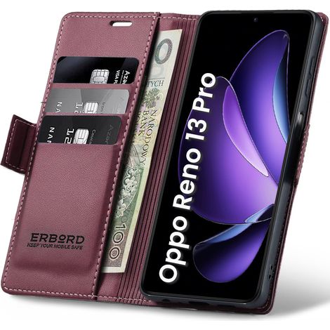 Étui pour Oppo Reno 13 Pro, Litchi brillant, Étui portefeuille à rabat, Rouge (1/5)