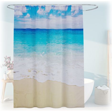 Relaxdays Shower Curtain, Sandy Beach, 180 x 200 cm, Mould Resistant, Washable, 12 Rings, for Bathtub, Multicoloured