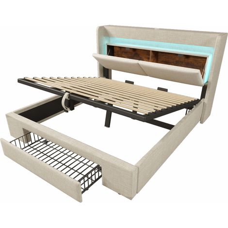Cama tapizada 180x200 cm con arcón hidráulico, cabecero con almacenaje, LED, USB/USB-C, beige (1/5)