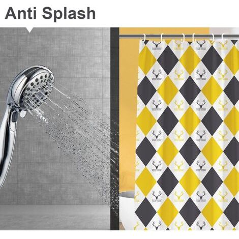 Rideau de Douche 180 x 180 cm Anti Moisissure Rideaux de Salle de Bain Tissu Polyester avec 12 Crochets Lavable en Machine Motif Jaune (1/5)