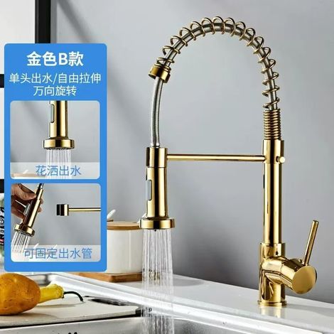 Cross-border spring faucet for kitchen sinks, dishwashing basins, and vegetable washing basins rotatable dual-outlet universal anti-splash faucet - Gold version [Single function]
