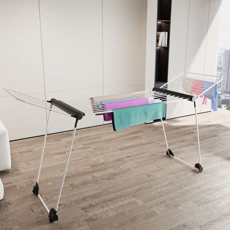 Stendibiancheria Estensibile Fino a 2 Metri Griglia Telescopica 30 M di Stenditura Stendino Grandi Dimensioni Ali Alte Uso Interno Esterno Con Ruote Richiudibile 218-300 x 55 x 126 cm (Bianco e nero) (1/5)