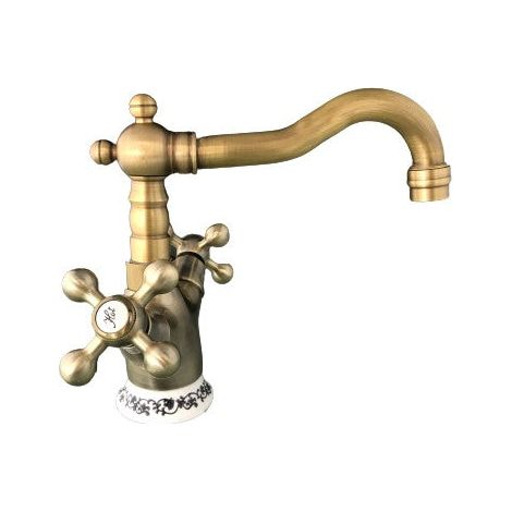 Mélangeur évier lavabo vieux laiton bronze ceramique avec fleurs (1/4)
