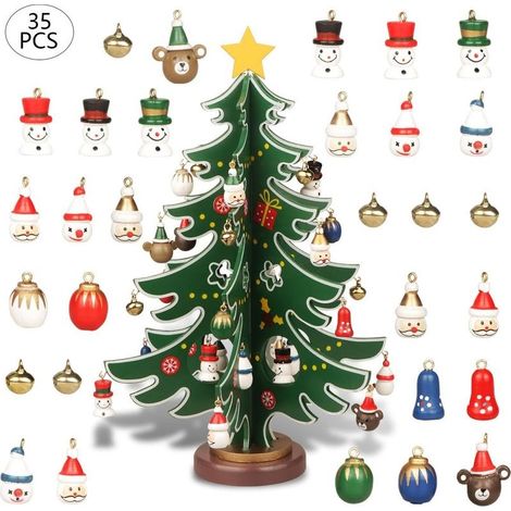 Mini sapin de Noël en bois de table avec 30 mini décorations de Noël et 1 cime d'arbre étoile pour décoration de Noël (1/3)