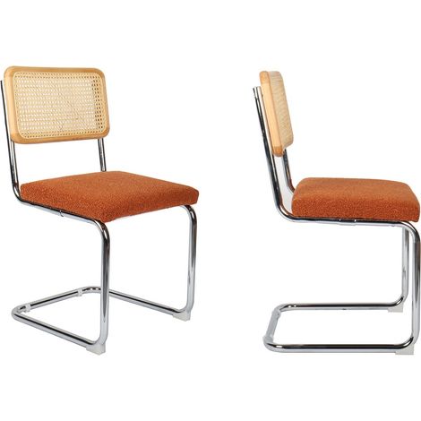 Homifab – Lot de 2 chaises cannage naturel et tissu bouclé rouille – Piètement métal chromé – Dimensions 54x50x85cm – Assise 49cm (1/5)