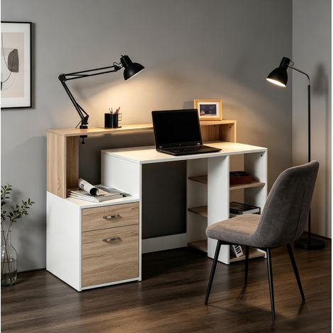 Schreibtisch mit 2 Schubladen und offenen Regalen, 137 x 55 x 92 cm, Eiche/Weiß HAVRYA (1/5)