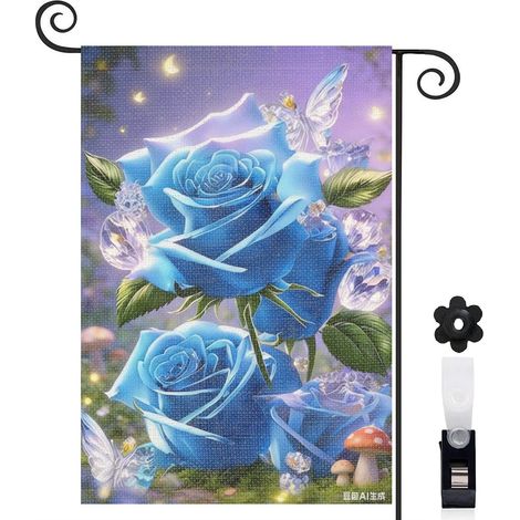 Drapeau de jardin roses bleues cristallines en pot 30 x 45 cm décoration extérieure jardin (1/5)