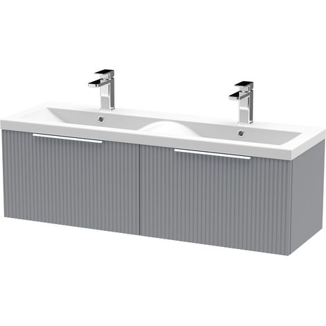 Tixall Fluted 2 Drawer Wall Hung Vanity Unit with Double Basin, Satin Grey, 1200mm