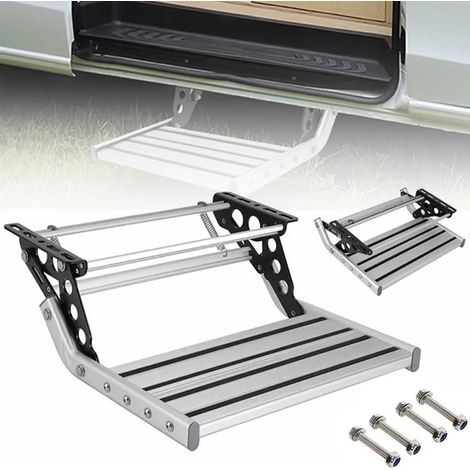 Marchepied Escamotable pour Camping-Car – Plateforme en Aluminium Antidérapante, Manuel, Charge Max 200 kg, Éclairage LED 12V et Ressort Renforcé (Fixation par Vis) (1/5)