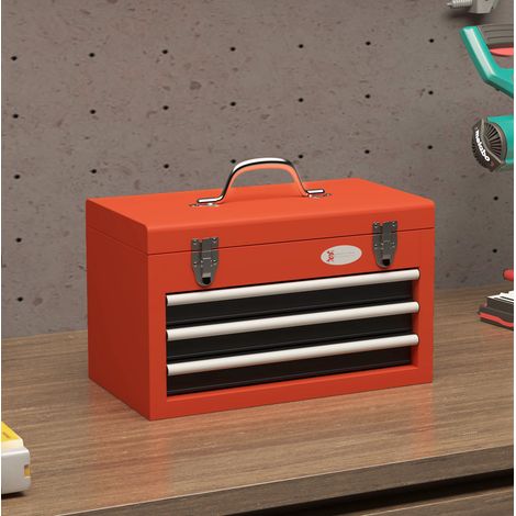 Caja de herramientas (45x24x27 cm), 3 cajones, compartimento superior, asa, acero rojo (1/5)