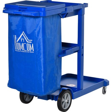 Janitor Cleaning Trolley, with Bin, Shelves Hooks - Blue (1/5)