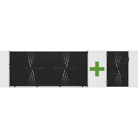 NALI VELETA 3,5 m Stahl-Schiebetor, 160 cm hoch, Schwarz + 160 cm hohes Fußgängertor
