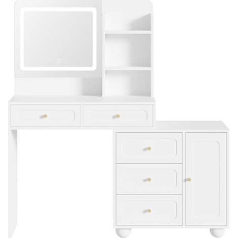 Tocador con espejo LED regulable, 5 cajones, 1 puerta y 3 huecos, blanco 80x39,8x127 cm (1/5)