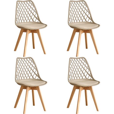 Wokaka Confezione da 4 sedie - Sedie da pranzo - Scandinave - Schienale a rete - Cuscino seduta in pelle (Beige)