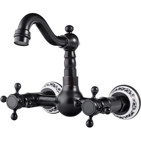 Miscelatore lavabo retrò in ottone, a parete, nero (1/4)