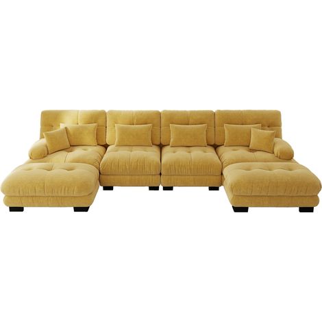 Divano modulare a U per soggiorno, 4 posti, ciniglia gialla, pouf mobile, stile nuvola (1/5)