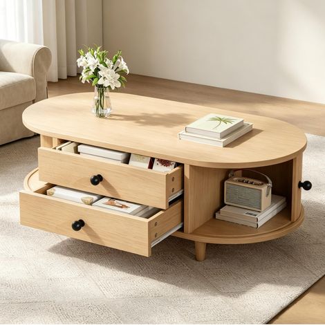 Mesa de Centro Rectangular con 2 Cajones y Puertas Correderas, para Salón, MDF, Madera Natural, 100 × 50 × 36 cm (1/5)