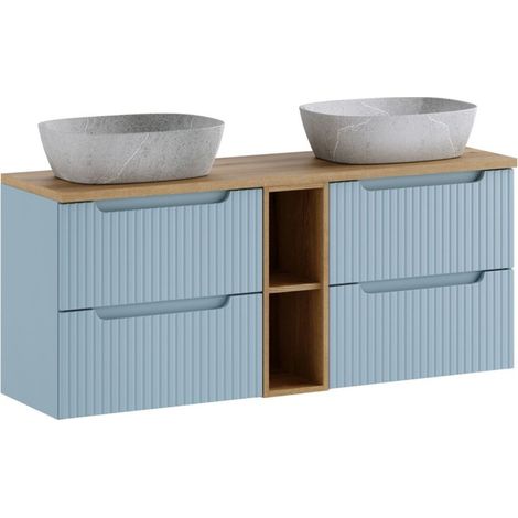Ensemble VANO blau Denim und helle Eiche 140cm: Möbel unter Waschbecken mit Schubladen und sichtbaren Nischen + graue Waschbecken