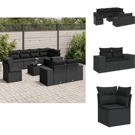 Salon de jardin 9 pcs avec coussins noir résine tressée - Ensemble Salon De Jardin - Meuble De Jardin - Jardin Design - Mobilier Exterieur - Chaise Lounge (1/5)