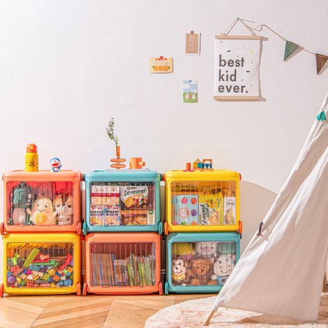 Coffre à jouets pliable pour enfants, organisateur ménager, organisateur portable de livres et de collations, boîte de rangement transparente à roulettes, bleue. (1/5)