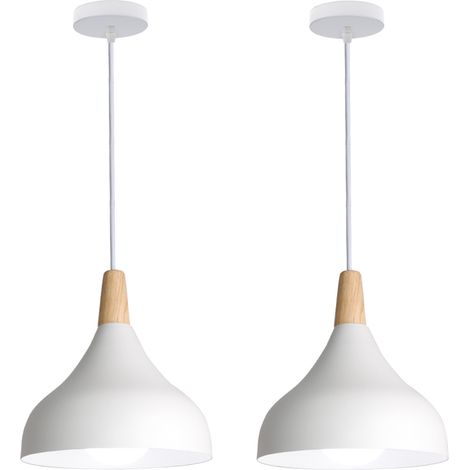 Lot de 2 suspension en métal et bois, lustre abat-jour Ø 20cm luminaire E27 60W, Blanc (1/5)