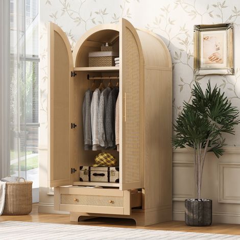 Kleiderschrank 7055170cm, Doppeltüren-Design, mit Schubladen und Ablagefächern, Türen aus Kunstrattan, Holzfarbe (1/5)