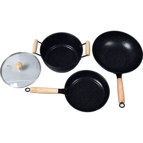 Lot de 3 poêles à frire en fonte, marmites en bois, antiadhésives, pour la cuisine. (1/5)
