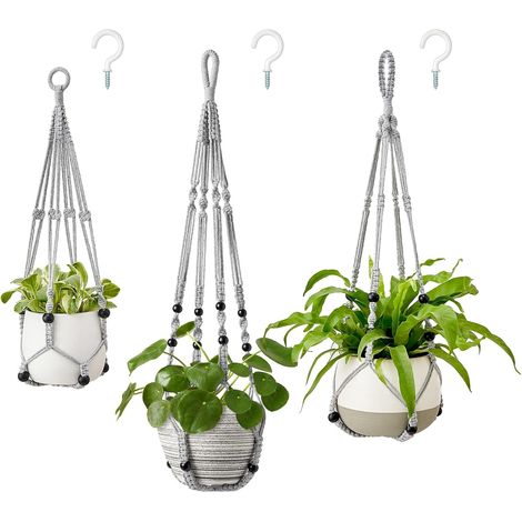 Lot de 3 suspensions en macramé pour plantes - Pot de fleurs suspendu - Support de pot de fleurs en corde de coton avec perles sans pompons, 58 cm/73 cm/89 cm, Gris (1/5)