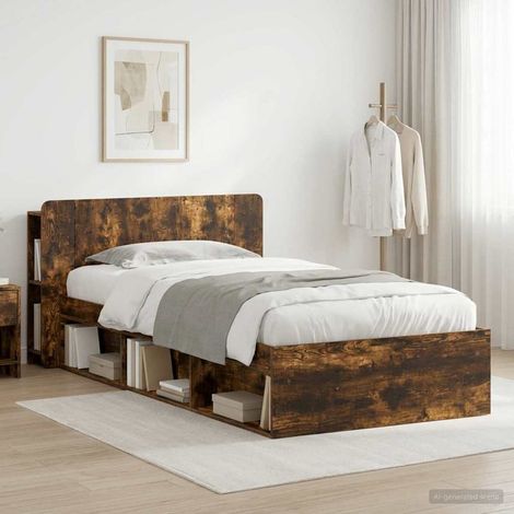 Cadre de lit avec rangement 90 x 190 cm, bois d’ingénierie, chêne fumé - PANGIVO (1/5)