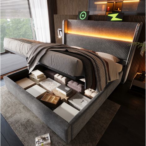 DESVIAE Lit hydraulique avec rangement tête de lit haute LED USB Type C 140 x 200 cm gris en tissu aspect lin (1/4)