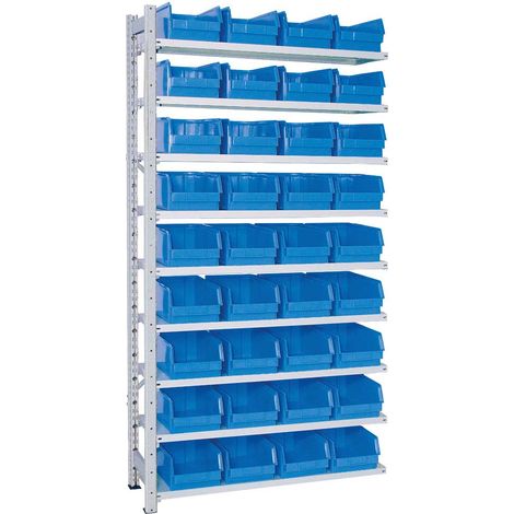 BRB Anbauregal zu Steckregal verzinkt HxBxT 2x1035x315 mm, 9 Böden, bestückt mit 36 Sichtkästen LB 3/LxBxH 350x200x150 mm (Blau) (1/2)