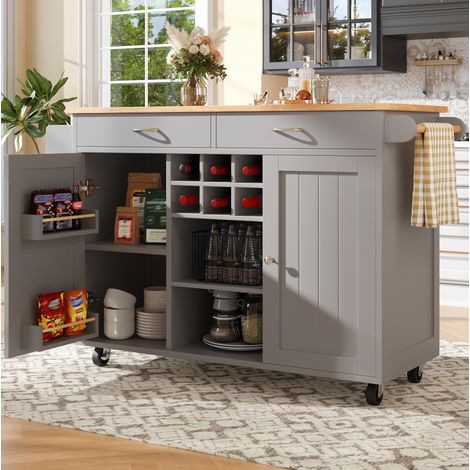 Îlot de cuisine 102x45x92 cm gris en MDF et métal avec rangement modulable et roulettes (1/5)