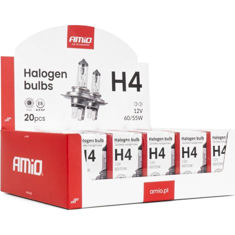 Juego de 20 bombillas halógenas H4 de 12 V y 60/55 W con filtro UV (E8). amio-04401 (1/4)